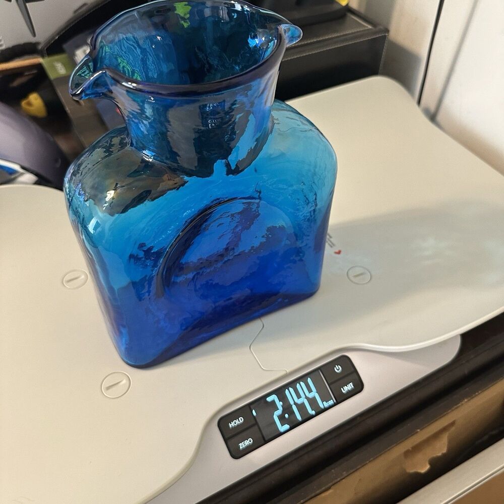 Blenko Glass Blue Double Spout Water Bottle Pitcher Carafe #384 Vintage Unmarked - Picture 15 of 15